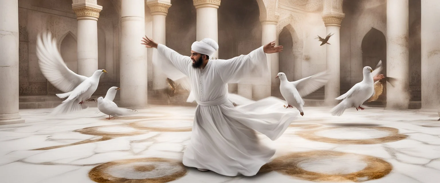 Hyper Realistic Sufi Whirling on stone floor with white & Golden Islamic Sufi Rustic Grungy Background outside white marble Islamic monument with pigeons flying