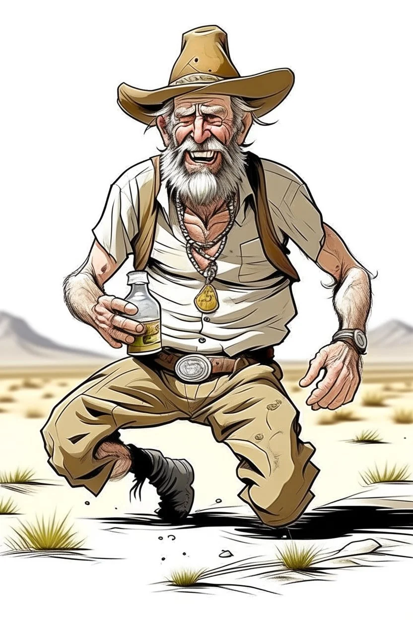 runner Bare drunk old cowboy in pants with Bottle