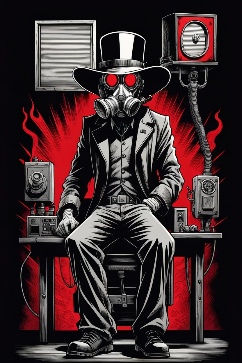 standing is a man with a wide hat(wide flat brim and a flat top, shading face) wearing a gas-mask standing, beside an electric-chair, vignette, black and white graphic novel style with a red outline on black background, gothic horror