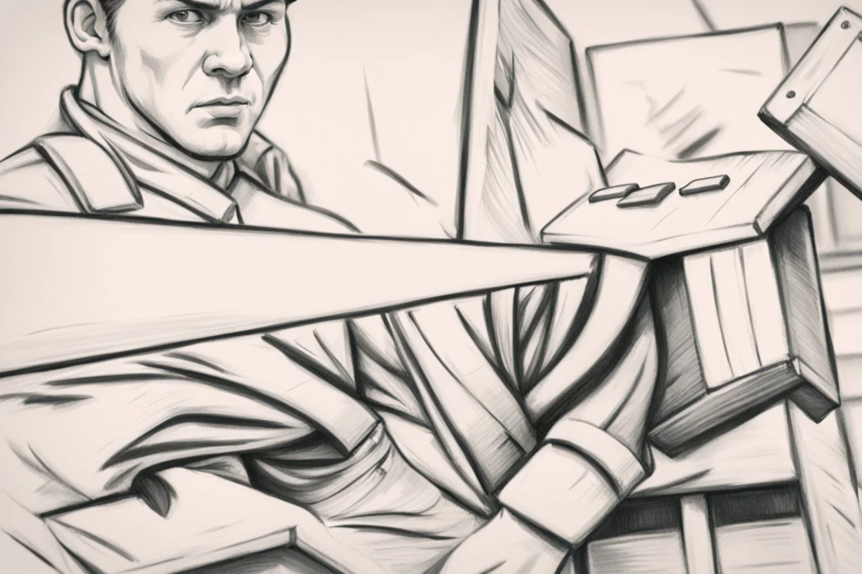 a swedish industry worker from sweden, very strong man pushing a wooden crates and IBC along the floor in a factory,very basic sketch painting like the image i uploaded, lead pencil