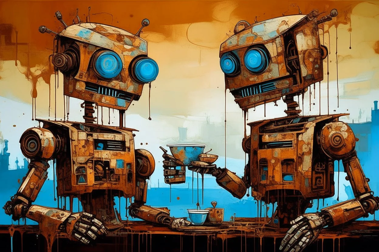 two crazy rusty scrappy robots drinking coffee in urban decay, negative space, wet print, ink leak, overheat, dramatic, cinematic, sudden jolt dynamics, amazing reflections and parallels and verticals, Afro-futurism, surreal futurist architecture art, surreal liminal space, tribal vibe and patterns, colors of light sky blue and beige and black