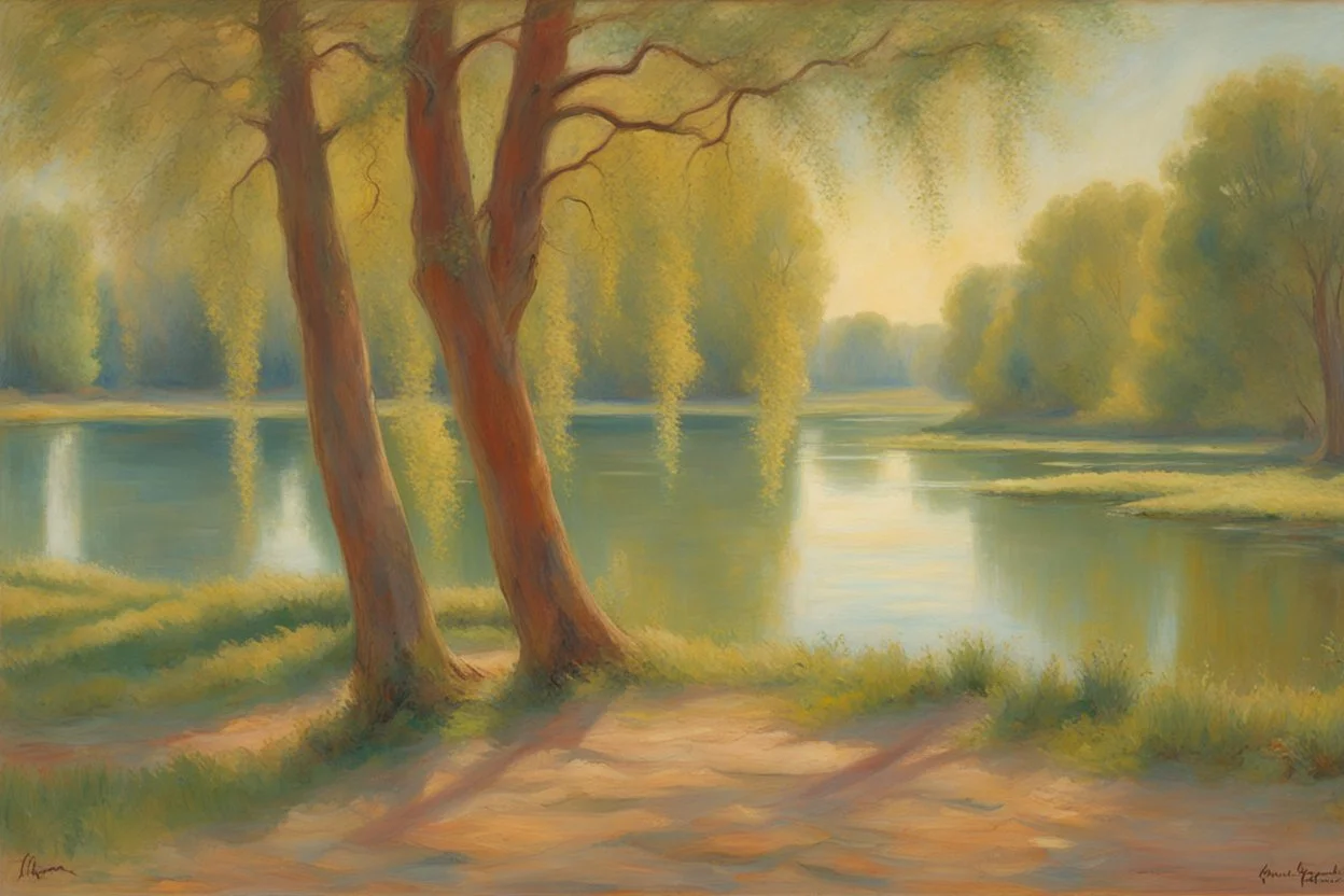 sunny day, lake, trees, sci-fi, trascendent, cosmic influence, friedrich eckenfelder and hans am ende impressionism paintings