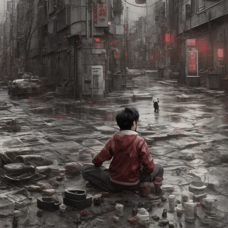 just a distant japanese boy, photo from behind, black hair, sitting on floor, akira red jacket with pill in the back, tokyo post apocalyptic, rain, extremely detailed, extremely realistic