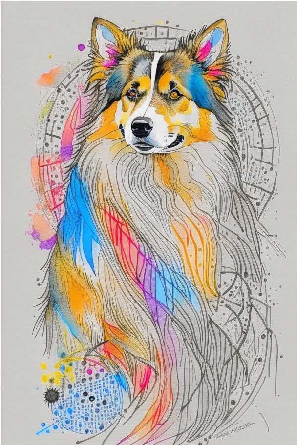 Abstract wet watercolour of a rough collie, ink lines, interlinked circles,detailed focus on eyes