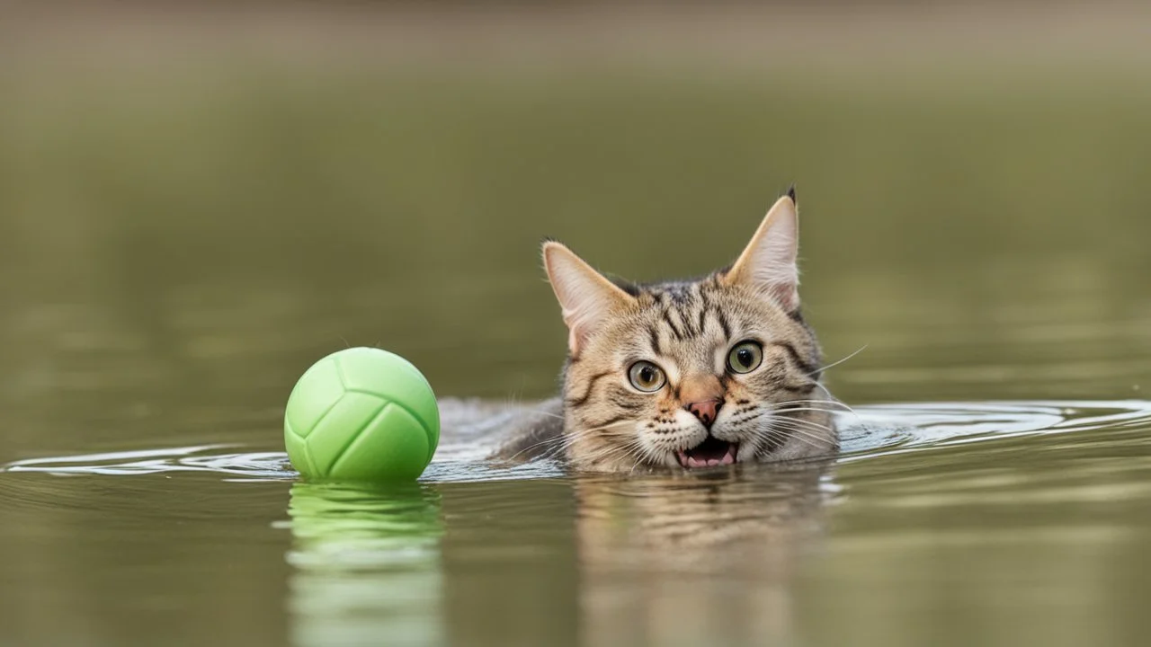 laughing cat in the water playing with ball