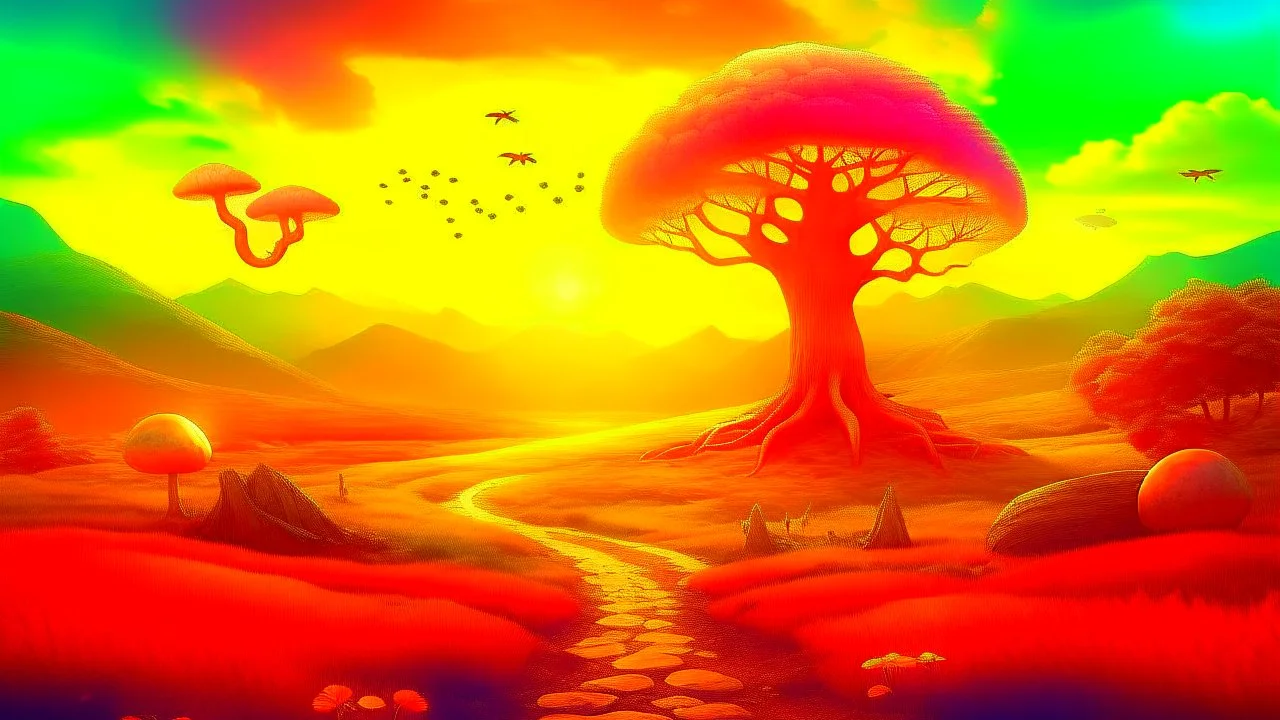 A dreamy landscape with mushrooms and a old, huge tree in the center. Fantasy roads of light going towards the tree. The sun is going down behind the tree. Mountains in the background. Digital Art, Masterpiece. Fantasy. Dream. Dreamy. Surreal.