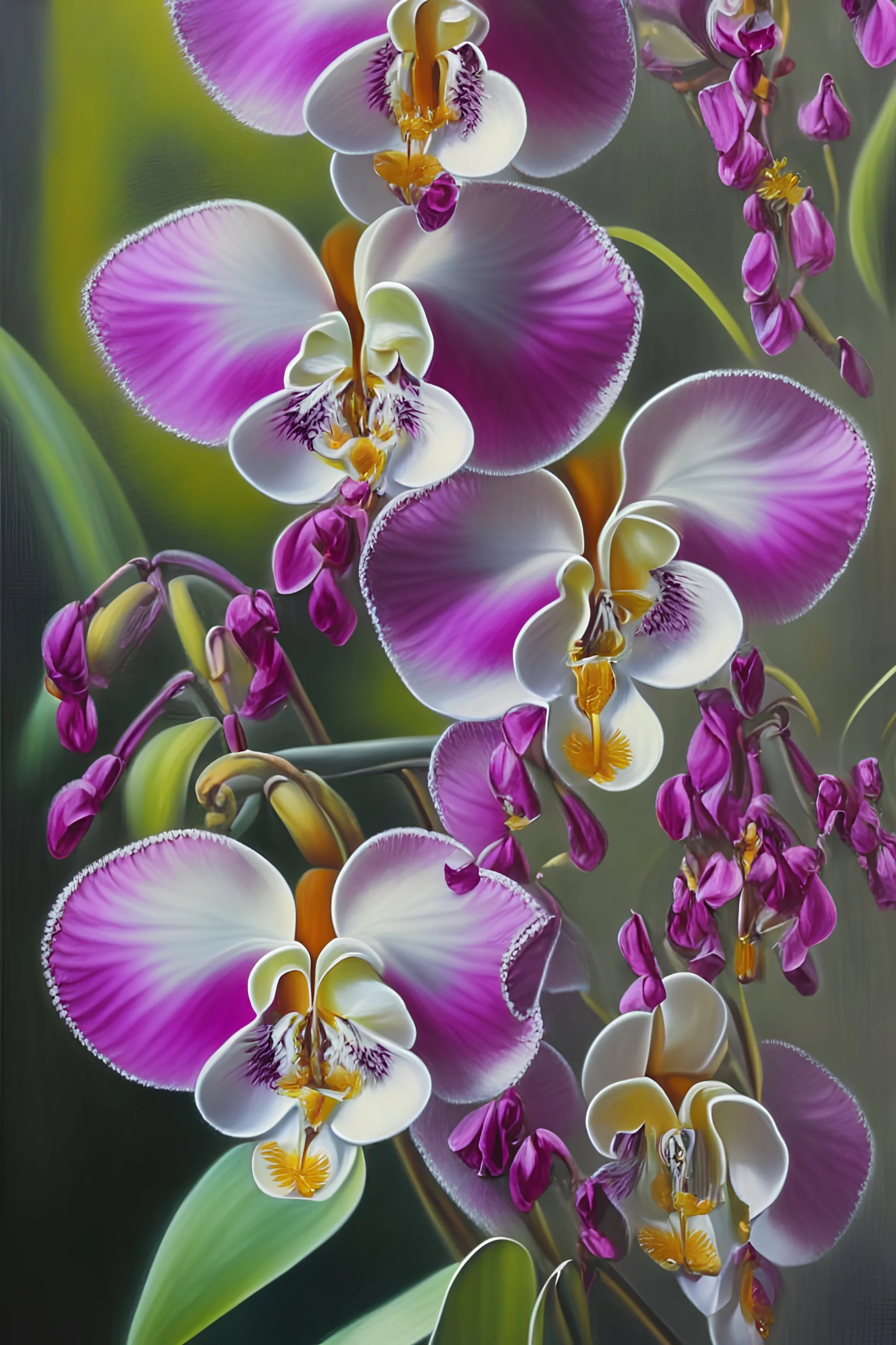 painting in oil of orchids, realistic colors, ultra sharp detail