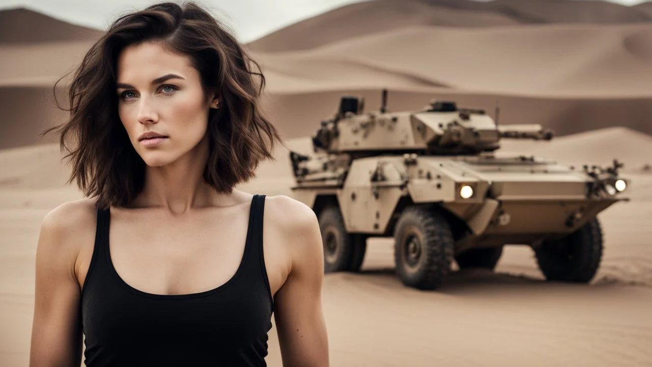 beautiful caucasian female technician, black tank top, well toned muscles, scratched sand camo metal details, short brunette wavy bob haircut, dystopian, desert scene