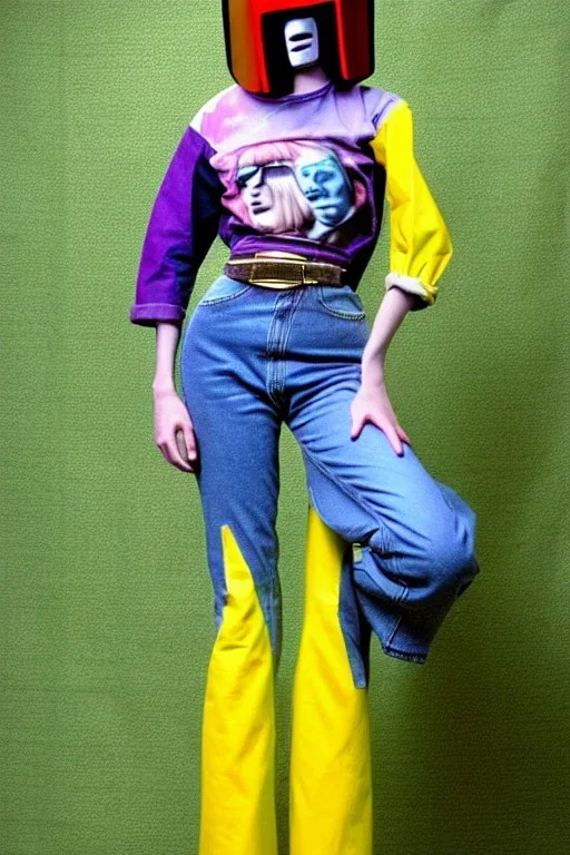 Photograph of a woman. Low waist jeans! bright blue jean, baggy,1996!Huge plant prints on denim,terracotta,cream,purple,lilac. Cream colored latex parts. imperial yellow, red plum stripes, only on the top half of t-shirt. European daft punk woman. Mantle is sewed of recycled Denim and sewed together of recycled polymer felt. lace, Yellow(Munsell) areas. hint of orange as effect color!!Big bright purple/khaki felt tippet and cream or blue or lilac colored-hood. mantle is merged with cobalt bole