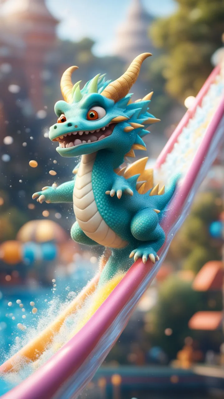 portrait of soap star fluffy dragon in a big jump water slide,bokeh like f/0.8, tilt-shift lens 8k, high detail, smooth render, down-light, unreal engine, prize winning