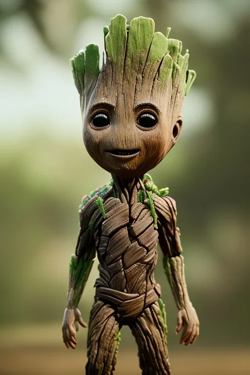 Groot toddler, serious, full body, bokeh, hyper realistic