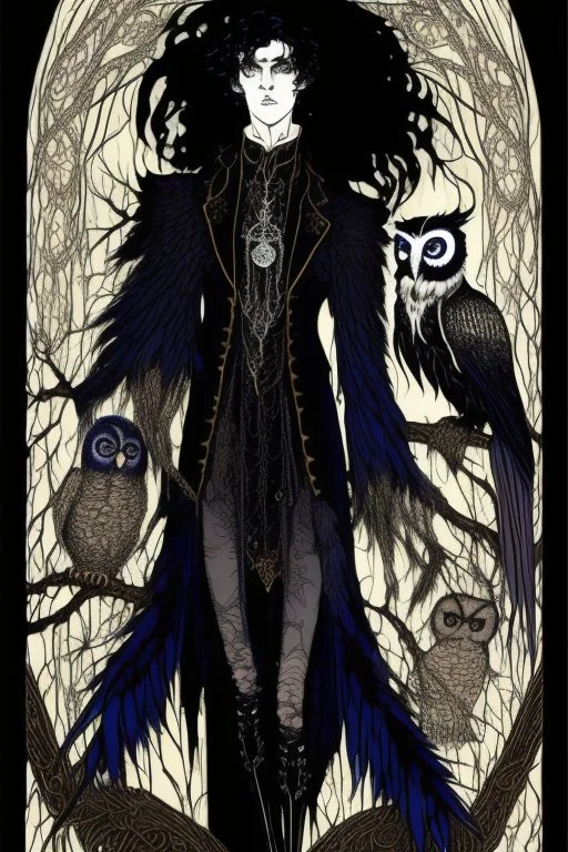 black haired young man necromancer wizard with gothic jewelry and Feathery owl-like hair, has the lower legs of an owl, in the style of Harry Clarke