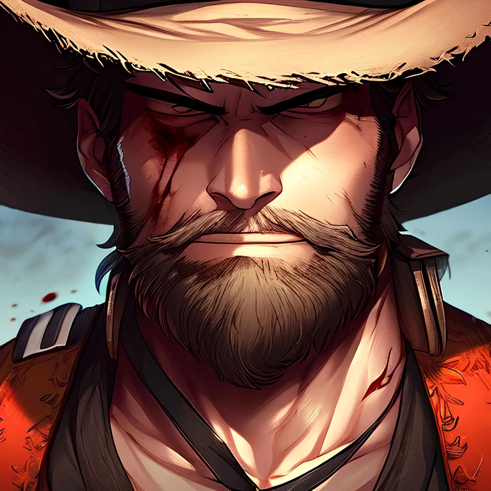 Clear focus, High resolution, max detail, Portrait, bearded, Gunslinger, Cowboy, cowboy hat, serious face, Blood Splatter