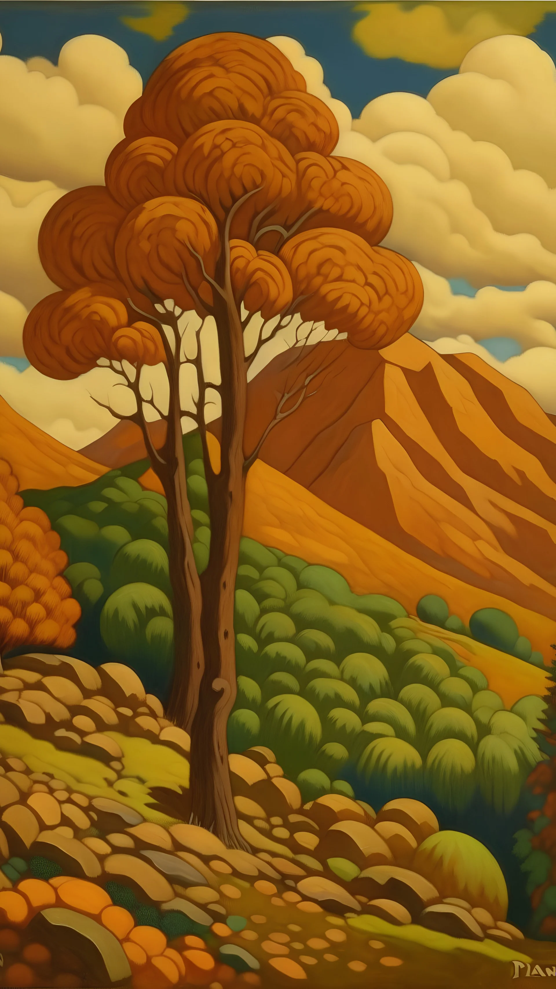 A brown mountain near canyons painted by Paul Ranson