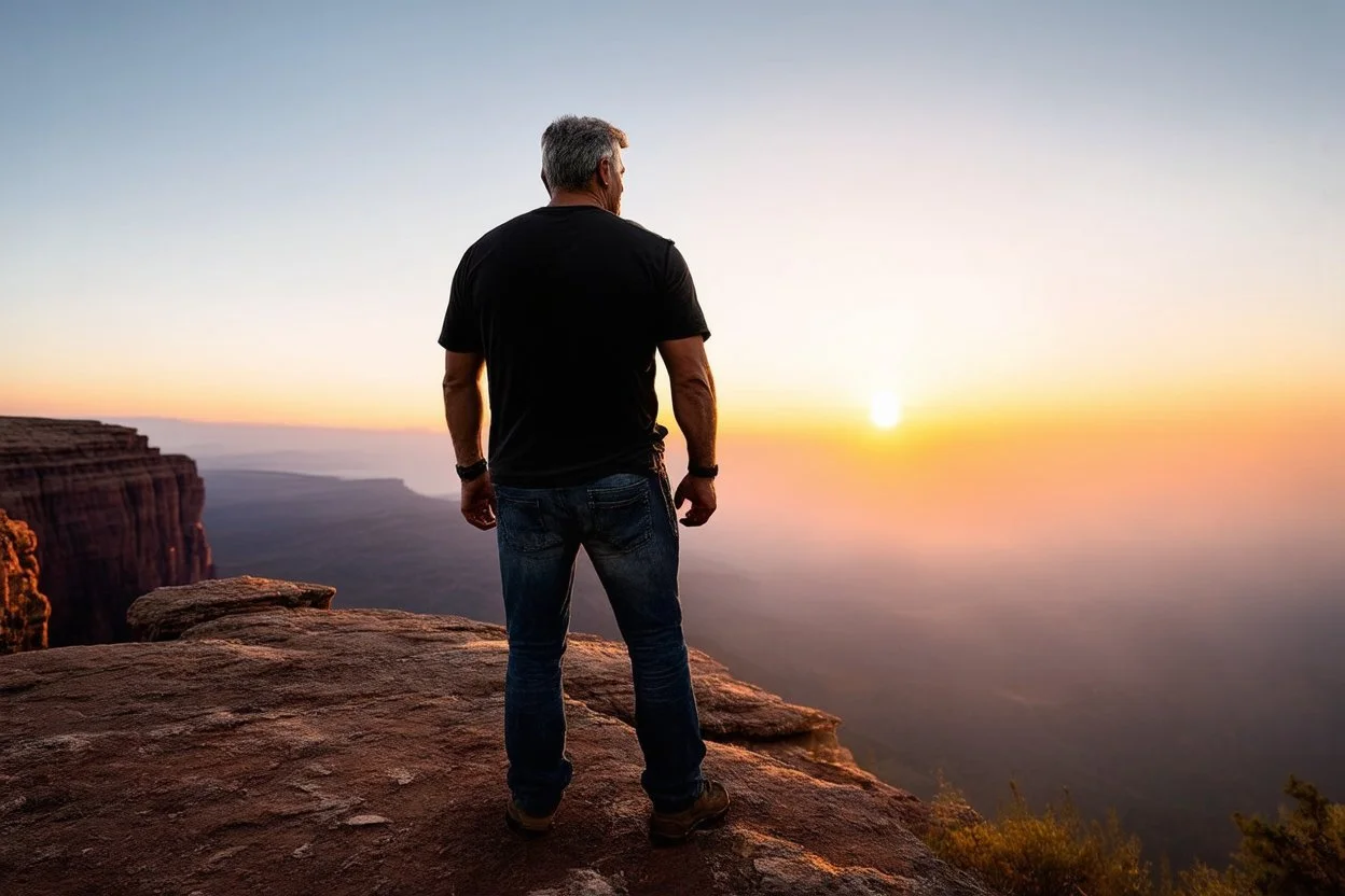 a brawny man with grey hair views sunset from a cliff