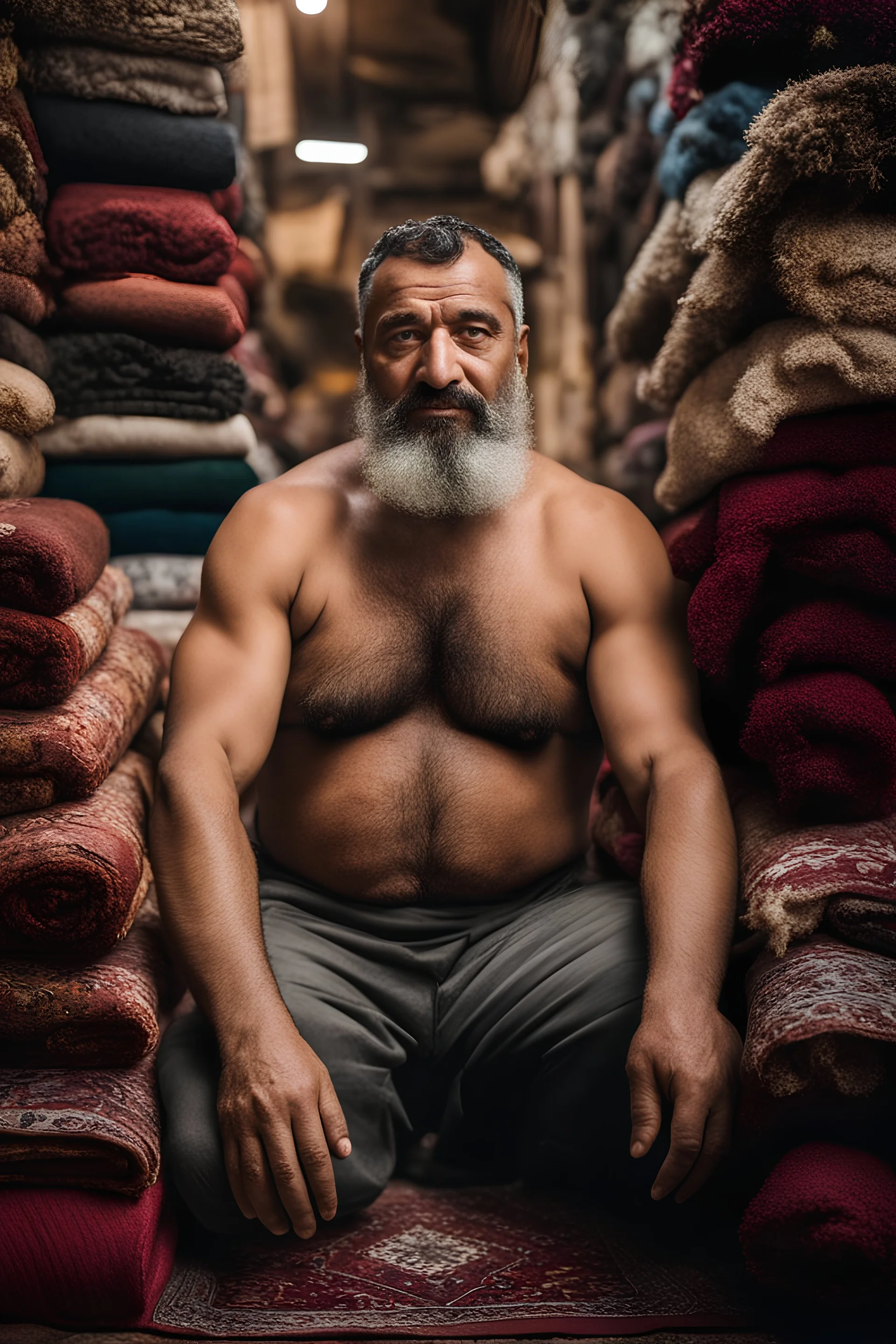 close up photography of a burly beefy strong 44-year-old turk man in Istanbul bazaar, shirtless, selling carpets sitting on a pile of carpets, biig shoulders, manly chest, very hairy, side light, view from the ground