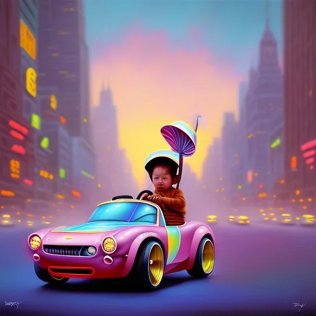 A one-year-old boy rides in the plastic funny toy-car on the middle of a busy street in new york. He has and a large-brimmed straw hat. somehow photographic bright colors and sunset, fantasy art, Anna Dittmann, digital painting, dan mumford, oil on canvas, jeff koons, akihito yoshida, wlop, kodachrome,