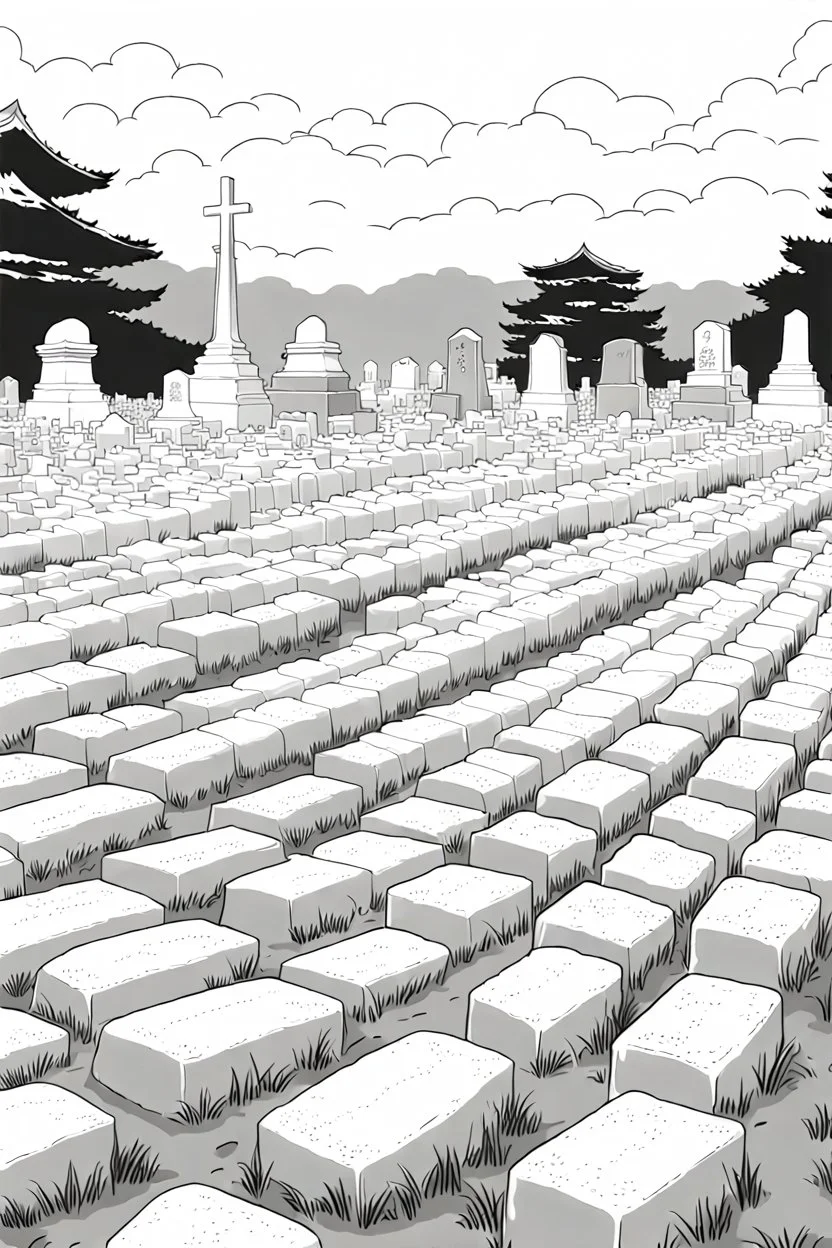 landscape, Japanese open air flat cemetery with thousand gravestones, high detail, manga style, grayscale