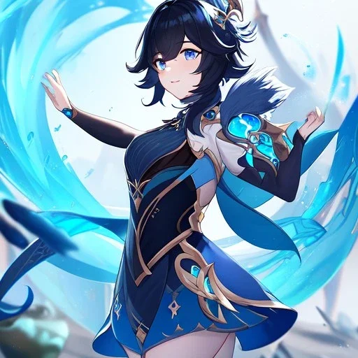 Clear focus,High resolution, Black short fluffy hair, and blue eyes, wearing a Genshin Impact inspired outfit, detailed clothes,must be wearing a short skirt, Splash Art