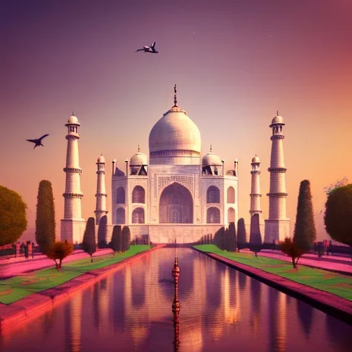 The Taj Mahal, Hindistan, sunset, fantasy art, flying birds, springs, waterfall