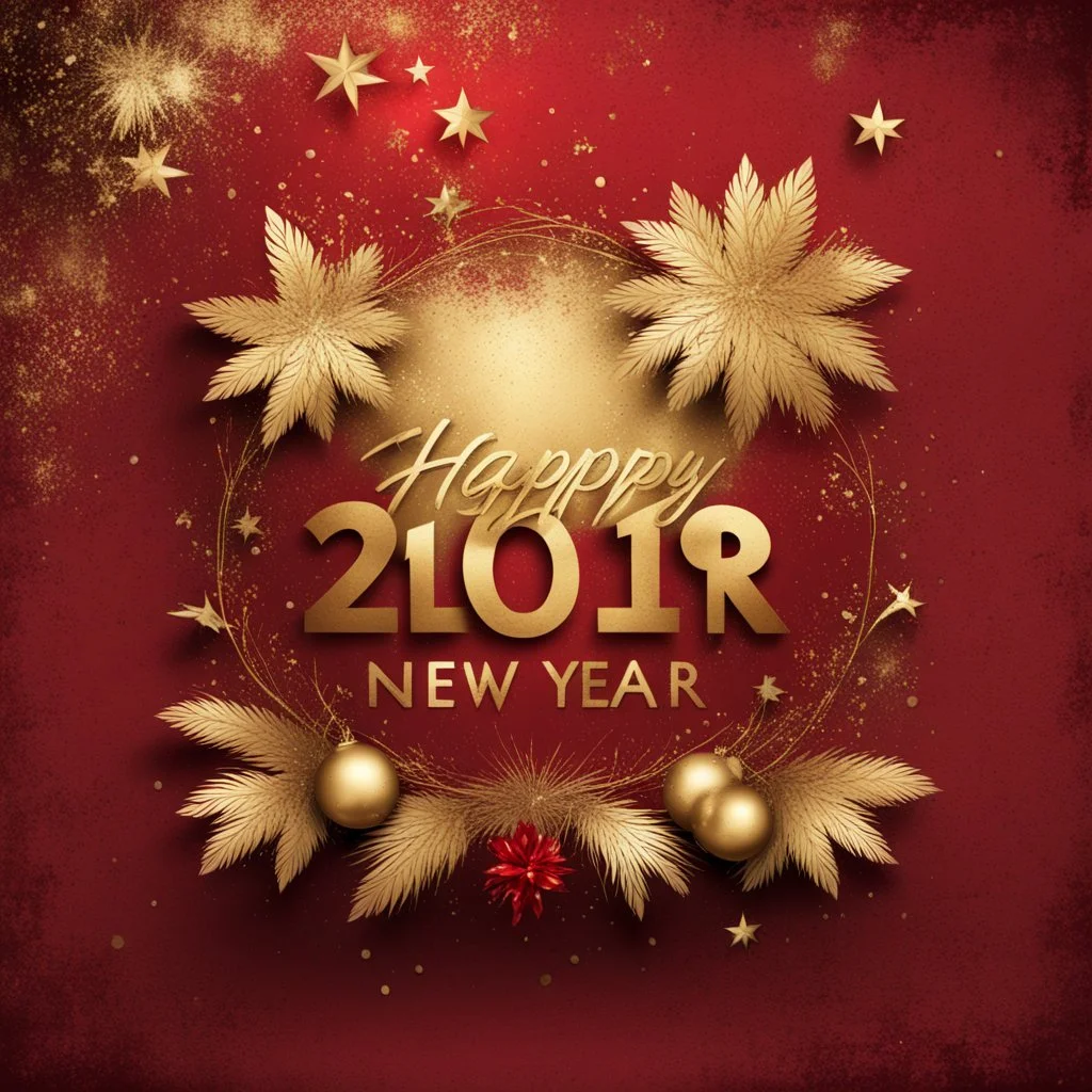 Hyper Realistic Grungy golden Happy New Year Card with decorative red rustic background