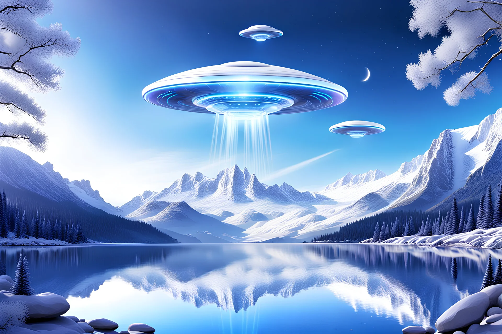 Big metallic UFOS in the sky, solid, white or blue light effects colors, futuristic constructions with nature, white mountains, white trees, waterfall, lake, beautiful universe in the background, high contrast, 8k, high definition, realistic, concept art, sharp focus