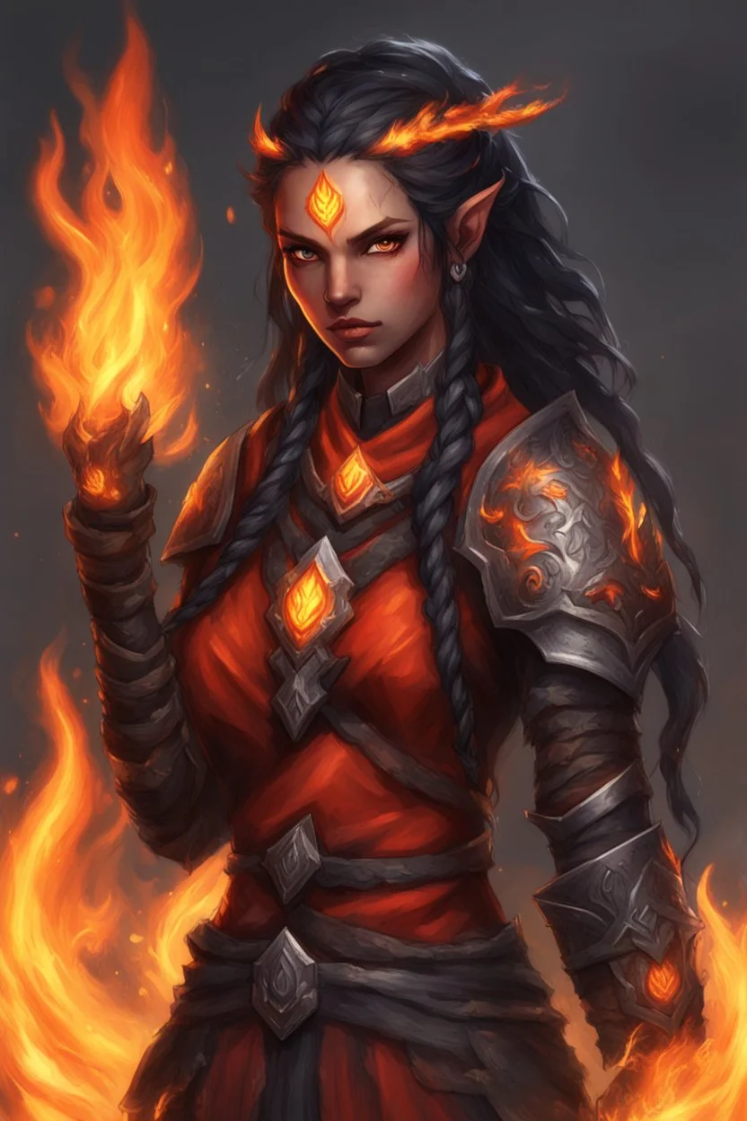 Paladin druid female made from fire . Hair is long and bright black some braids and it is on fire comes from it. Eyes are noticeably red color, fire reflects. Make fire with hands . Has a big scar over whole face. Skin color is dark