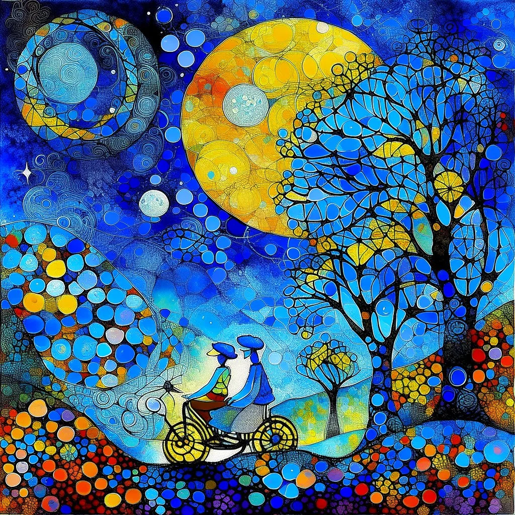 create a poetic dreamlike painting in the style of Marc Chagall, geometric family of father, mother, and baby riding a bicycle through a magical night forest, glowing triangular trees and colorful circles floating like stars, large luminous moon overhead, painterly textures with deep blues and purples, surreal and emotional atmosphere --ar 16:9 --v 7 --style 4b --q 2