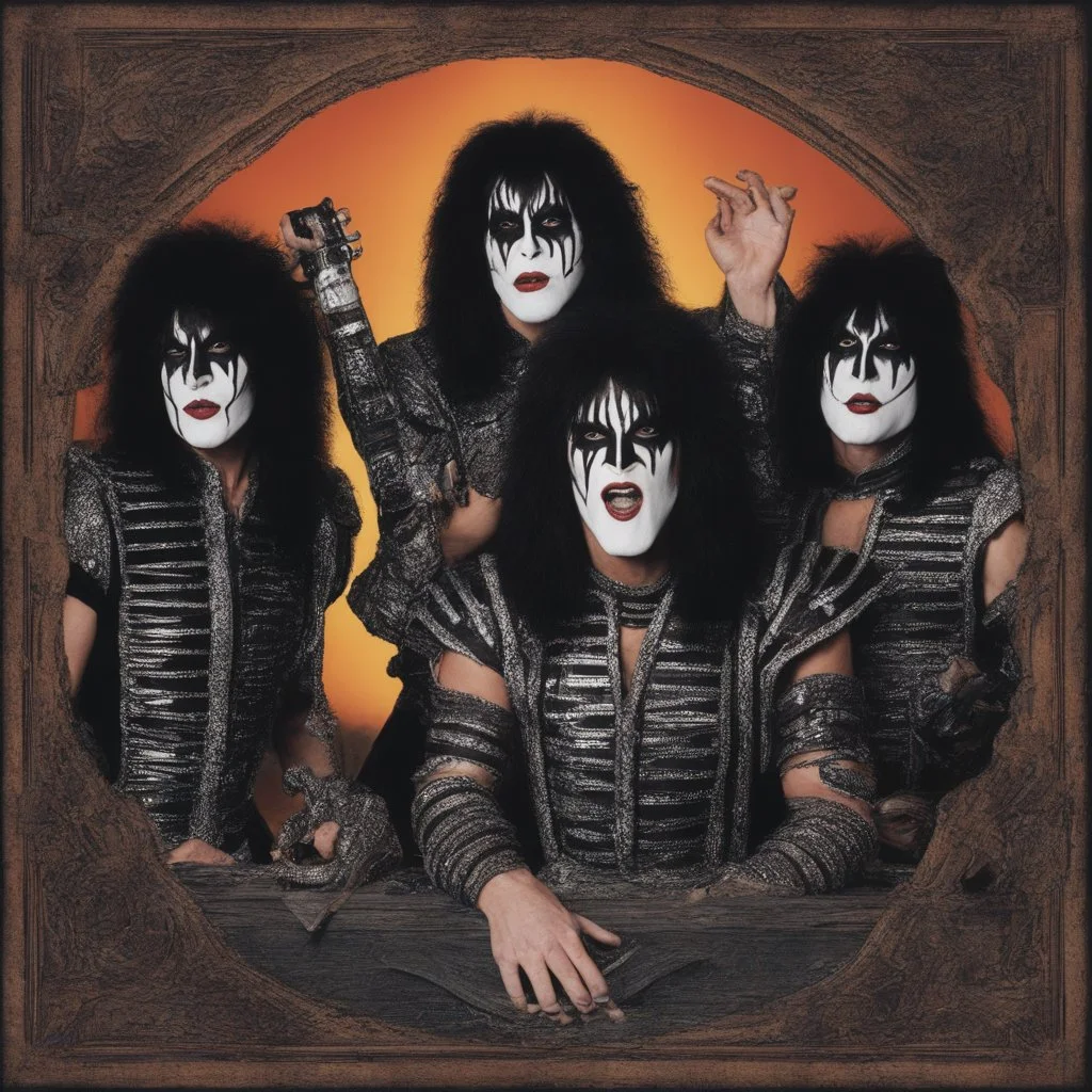 full color, Create a record Album cover for the Rock and Roll Band KISS