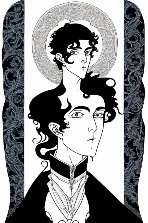 young black haired blue eyed wizard in the style of aubrey beardsley