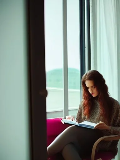 Beautiful, thin young woman, Arab home clothes, wavy hair, sitting on an office chair, reading a novel, next to a window, outside the window is sunset , 8k, finely detailed, photo realistic, cinematic