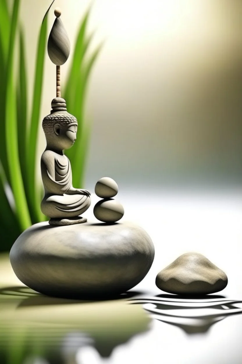 delicate background with spa stones and a bamboo stem, in the background a female curved figure statue sits on the stones, photorealistic photo