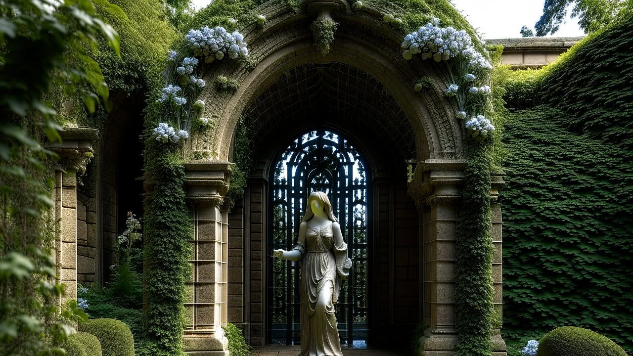 A stone archway with intricate floral patterns and a statue of a woman inside, surrounded by vines