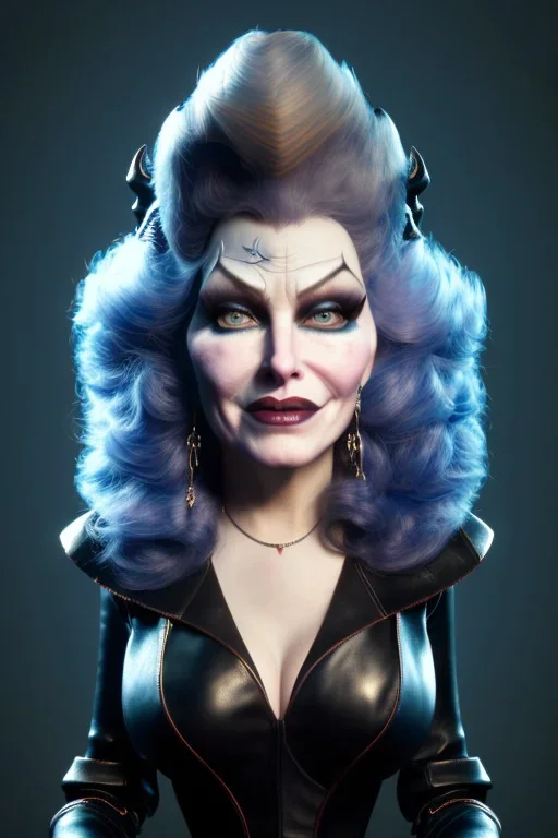 Mae West as evil queen in black leather, leather, busty, cleavage, angry, stern look. character design by cory loftis, fenghua zhong, ryohei hase, ismail inceoglu and ruan jia. unreal engine 5, artistic lighting, highly detailed, photorealistic, fantasy