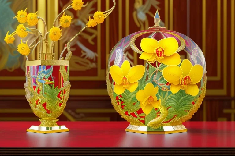 hypersigil photograph of a beautiful yellow and red orchid in a clear glass rococo inspired vase on a mirrored deco themed end table in a shadowy corner of a nouveau era room with wood paneling in the style of Robert maplethorpe, tropical birds, lizards, snakes, insects, gorgeous, shamanic, ethereal, photorealistic, embellishments, long shot, wide shot, dof, deep focus, 3d render