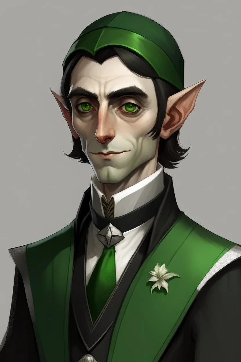 butler, elf with dark hair, right eye black, left green