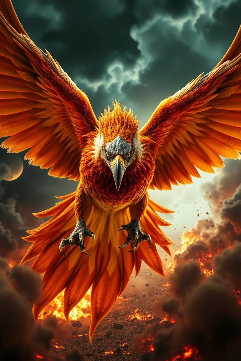 Create a ultra high definition and photorealistic image, 12k quality of a beautiful phoenix, majestic and strength showing, emphasis on texturized claws, upclose with a front view flying towards the camera, centre of an explosive and chaotic background scene of Armageddon where he is followed by demon like dark clouds in persuit trying to grab him, phoenix has striking eyes and determined look, majestic wings folded inwards in flight, bright auburn, black, white, grey and yellow colours, gothic