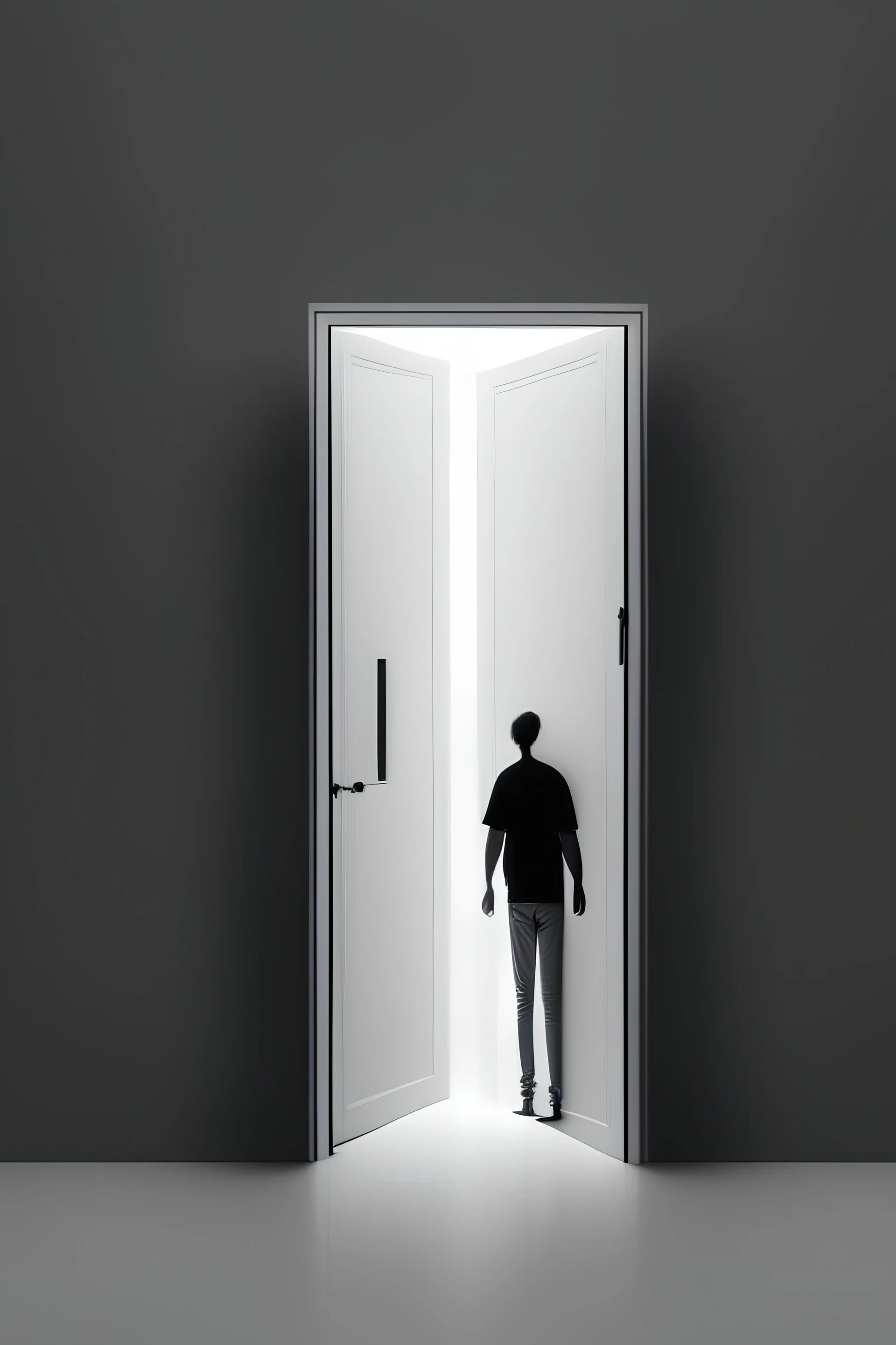 high-res minimalistic picture showing the person in front of two doors