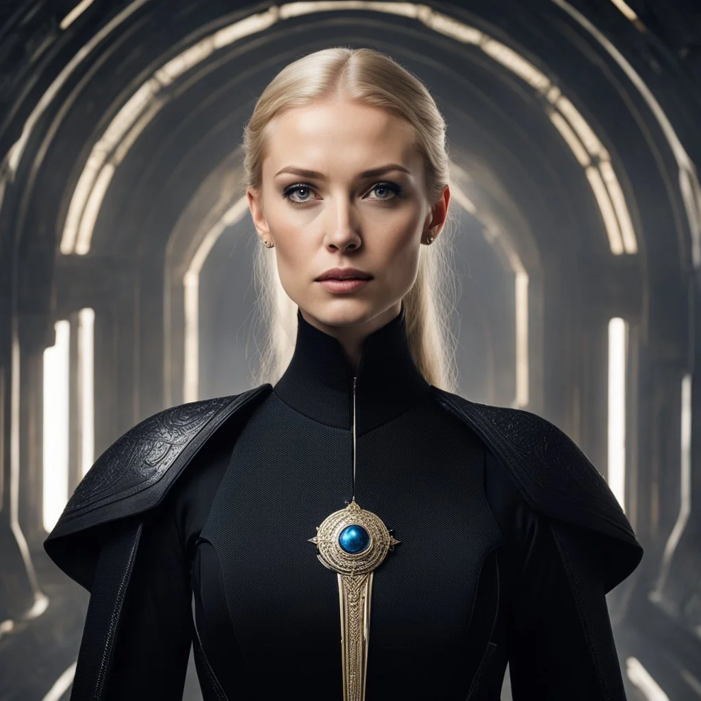 She stands tall, her presence commanding respect. A young Bene Gesserit, a woman of poise and grace, adorned in the traditional black robes of her order. Her eyes, piercing and calculating, seem to hold a depth of knowledge beyond her years. The bridge of the spaceship is her realm, her domain.