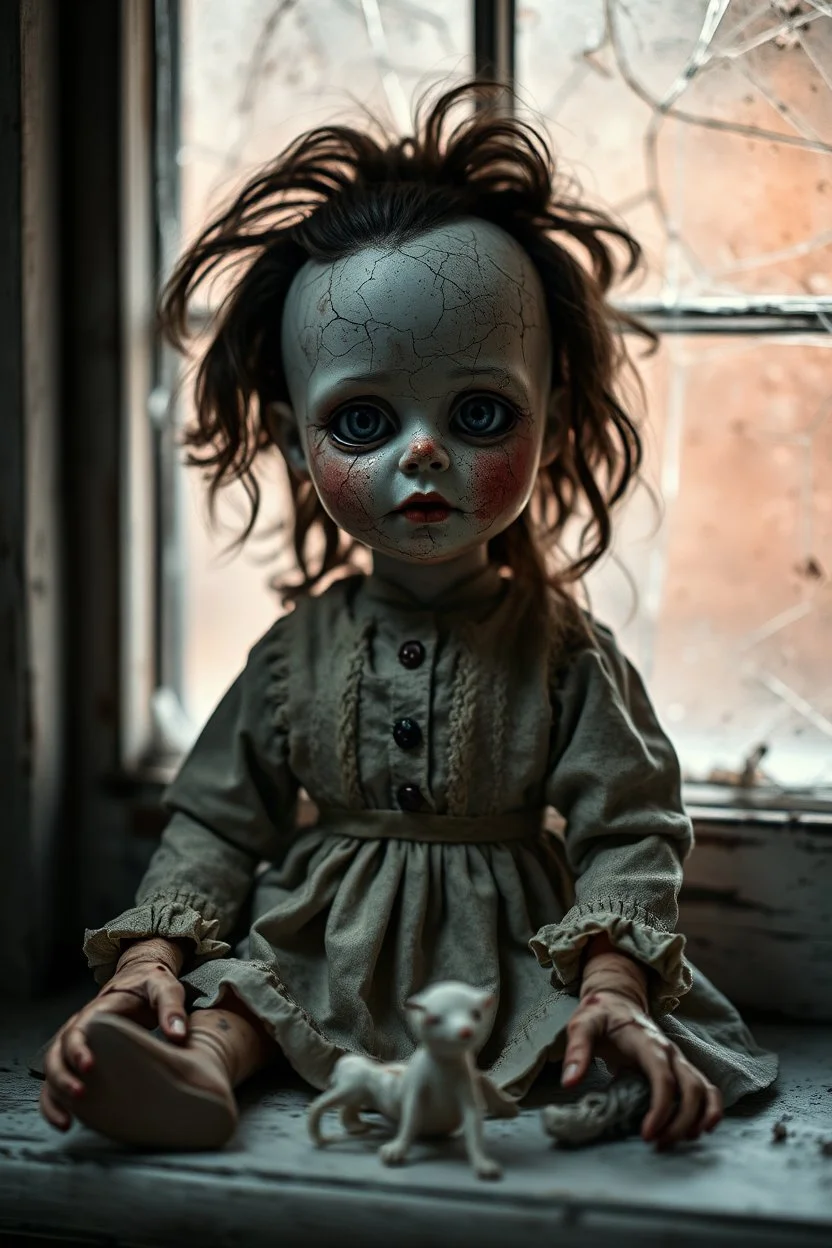 looking at the camera a high realistic porcelain doll, old, dirty with old dress, sitting on shelf, in background blur cracked window. The figure has cracked face and head, and big black eyes. High contrast, cinematic, thriller, dark, atmospheric. Surreal style , perfect composition, sharp focus, intricate details, crepy stunning