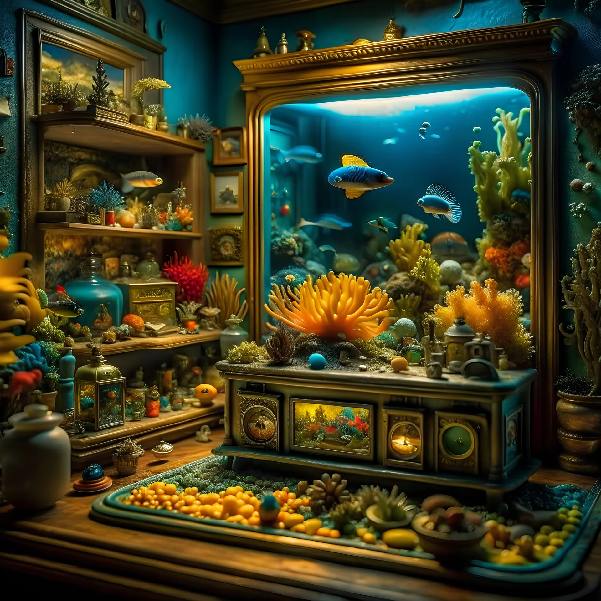 Diorama of old stuff in a room, sharp focus, 8k, 3d, very detailed, volumetric light, grim, fine art, very colorful, ornate, 35mm, F/2.8, insanely detailed and intricate, hypermaximalist, super detailed, decadent, aquarium with fish