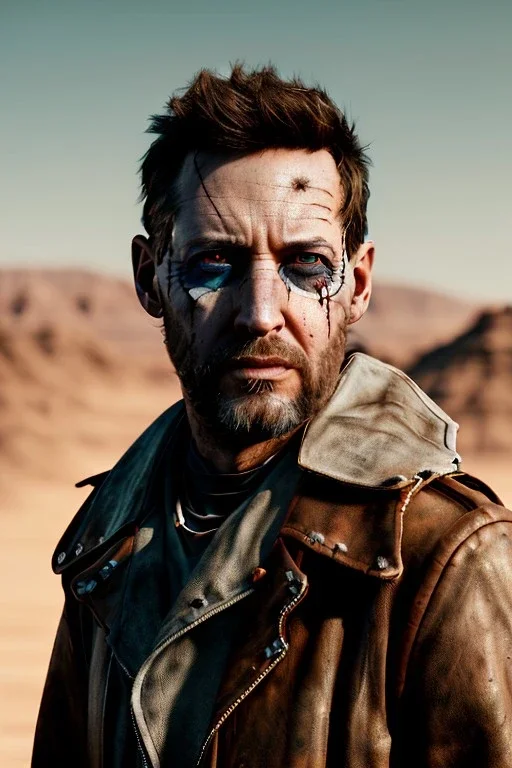 Fashion Portrait, logan, make up, mad max style, glow eyes :: desert scene :: cinematic, Ultra realistic, wide angle view, soft color, highly detailed, unreal engine 5, RTX, ultra detail, volumetric lighting, 3d, finely drawn, high definition.