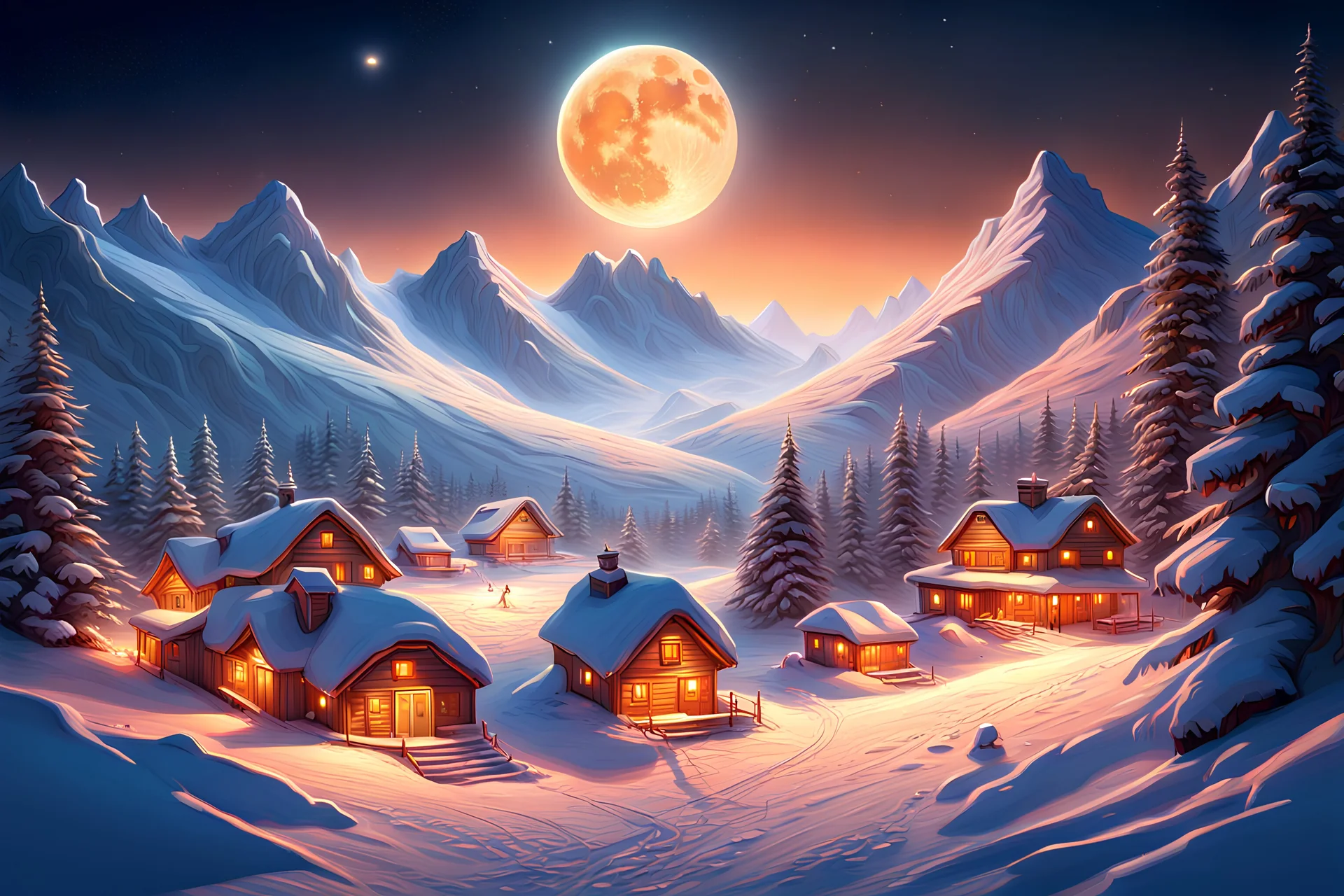 Fantastic, lunar, alien, unusual, starry, winter, mountain resort, high detail, complex details, high resolution, clear quality, beautiful lighting, spectacular lighting, deep shadows, warm colors, warm light, Dmitry Vishnevsky, Elegant, 8k, Oil on canvas, Super detailed, 4K 3D, Clear quality, Colorful, Very cute