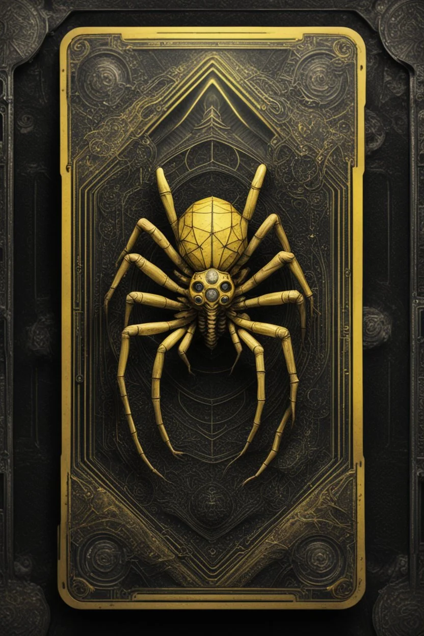 sacred geometry framed playing card, black and yellow death dragon spider boss card in the style of Giger and fallout 4 ,,bokeh like f/0.8, tilt-shift lens 8k, high detail, smooth render, down-light, unreal engine