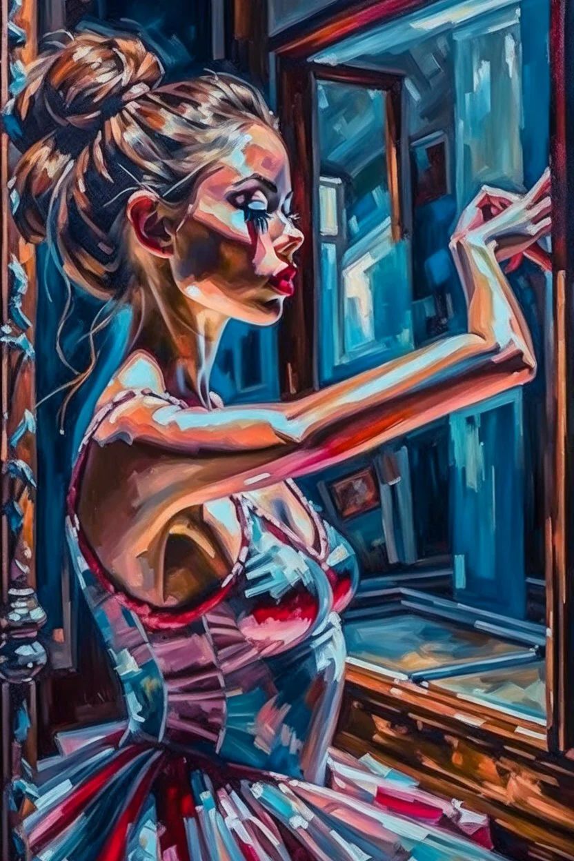 close up realistic portrait oil of a ballerina, stretching next to a mirror, in impasto style, thick strokes of oil paint