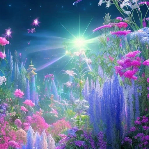 one big crystal subtle flower garden blue and pink in a galactic ambiance delicate colors, bin the foreground, full of details, smooth，soft light atmosphere, light effect，vaporwave colorful, concept art, smooth, extremely sharp, full body shot, masterpiece, best quality, blue skinned, sparkling eyes, fluorescent skin,blue eyes,sparkling makeup, long blond hair, fairy style , highly detailed body, sun light, 4K, RAW, depth of field,high contrast,realistic