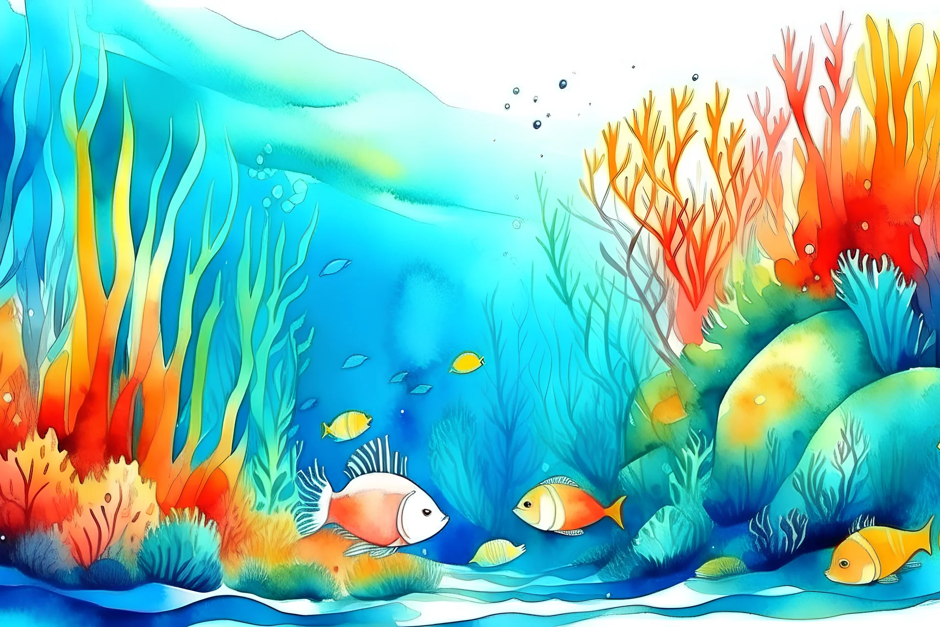 make a beautiful coral reef underwater painting with a lot of fish, in the background will be shadows of the big fishes and shadof of the whale, watercolour painting, splashed of colours, simpliefied picture,