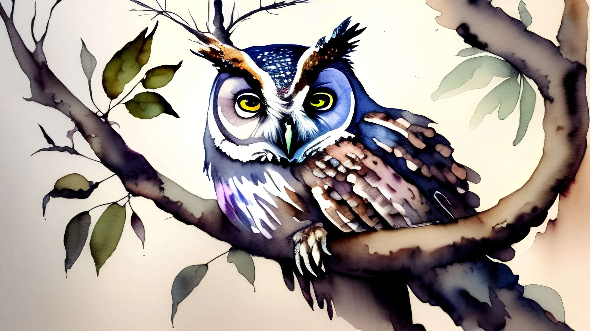 watercolor painting of an owl sitting on a branch