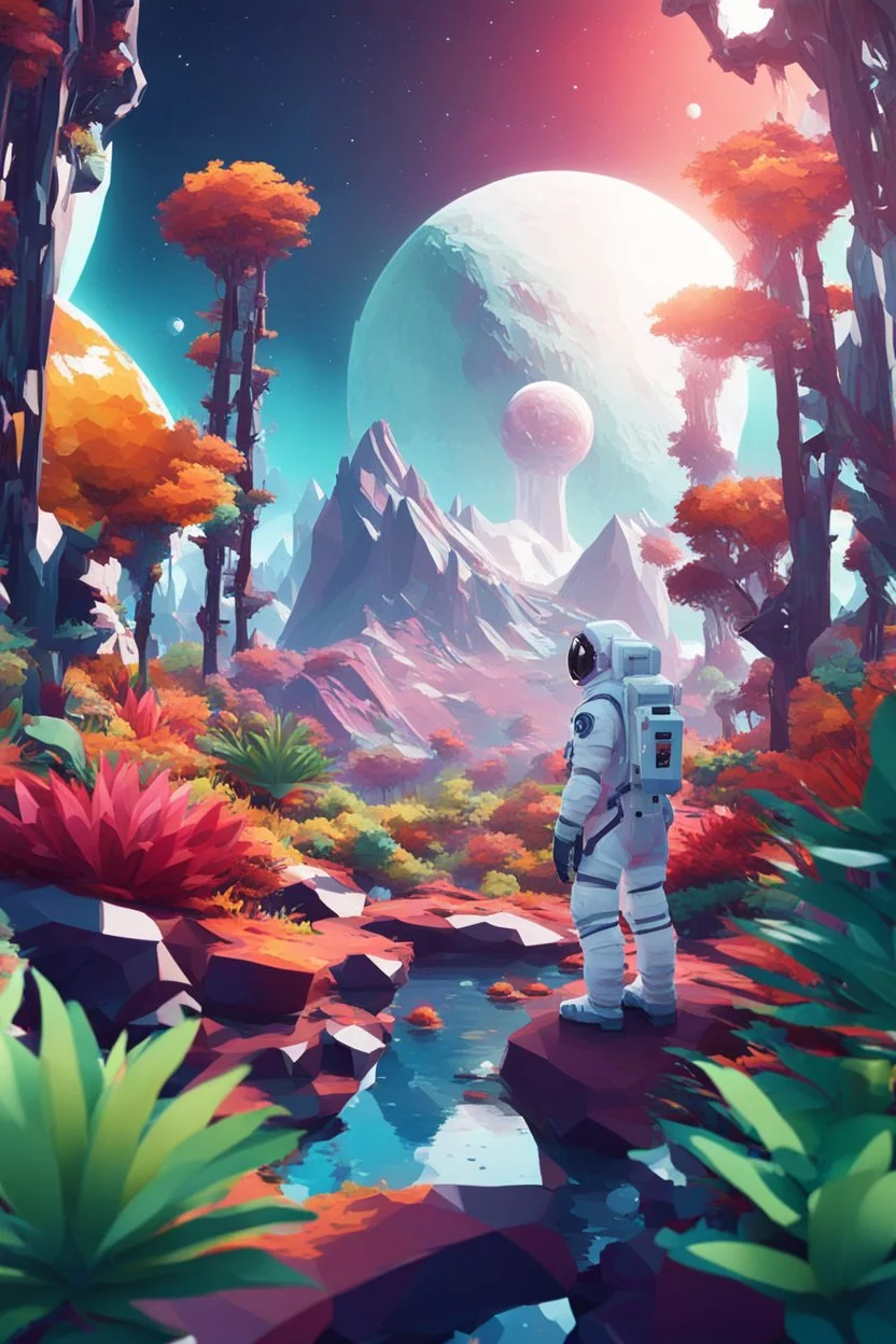 (((close midshot))), (((low poly art:2))), (astronaut), ultra detailed illustration of an environment on a dangerous:1.2 exotic planet with plants and wild (animals:1.5), (vast open world), astroneer inspired, highest quality, no lines, no outlines candid photography. by Lekrot