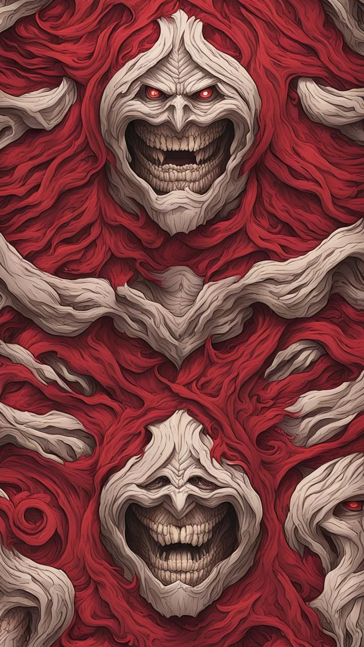 Create a captivating pattern inspired by the anime first Titan in Attack on Titan. The design should embody the essence of the inaugural Titan, capturing its colossal power and fearsome presence. Consider the intricate details of its transformation, incorporating the emotional undertones and brutal strength that define the Titan. Whether through stark lines or flowing curves red colors